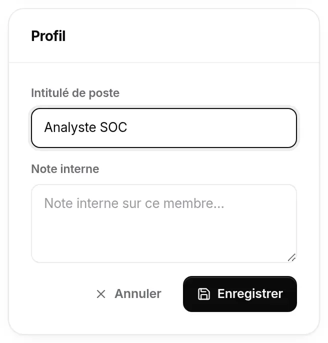 Carte Profil en édition : intitulé de poste et note interne