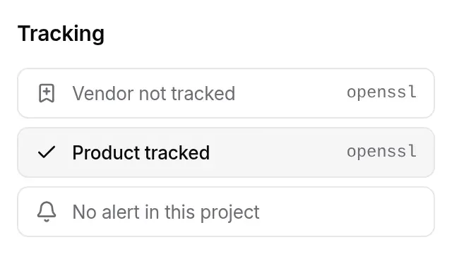 Tracking section seen by a User: Vendor not tracked openssl, Product tracked openssl, No alert in this project, no buttons