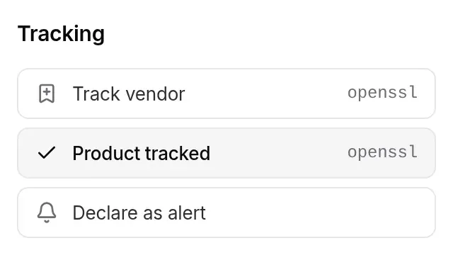 Tracking section of a CVE with no alert in the project: Track vendor, Product tracked openssl, Declare as alert available