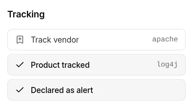 Tracking section of a matched CVE: Track vendor apache, Product tracked log4j, Declared as alert