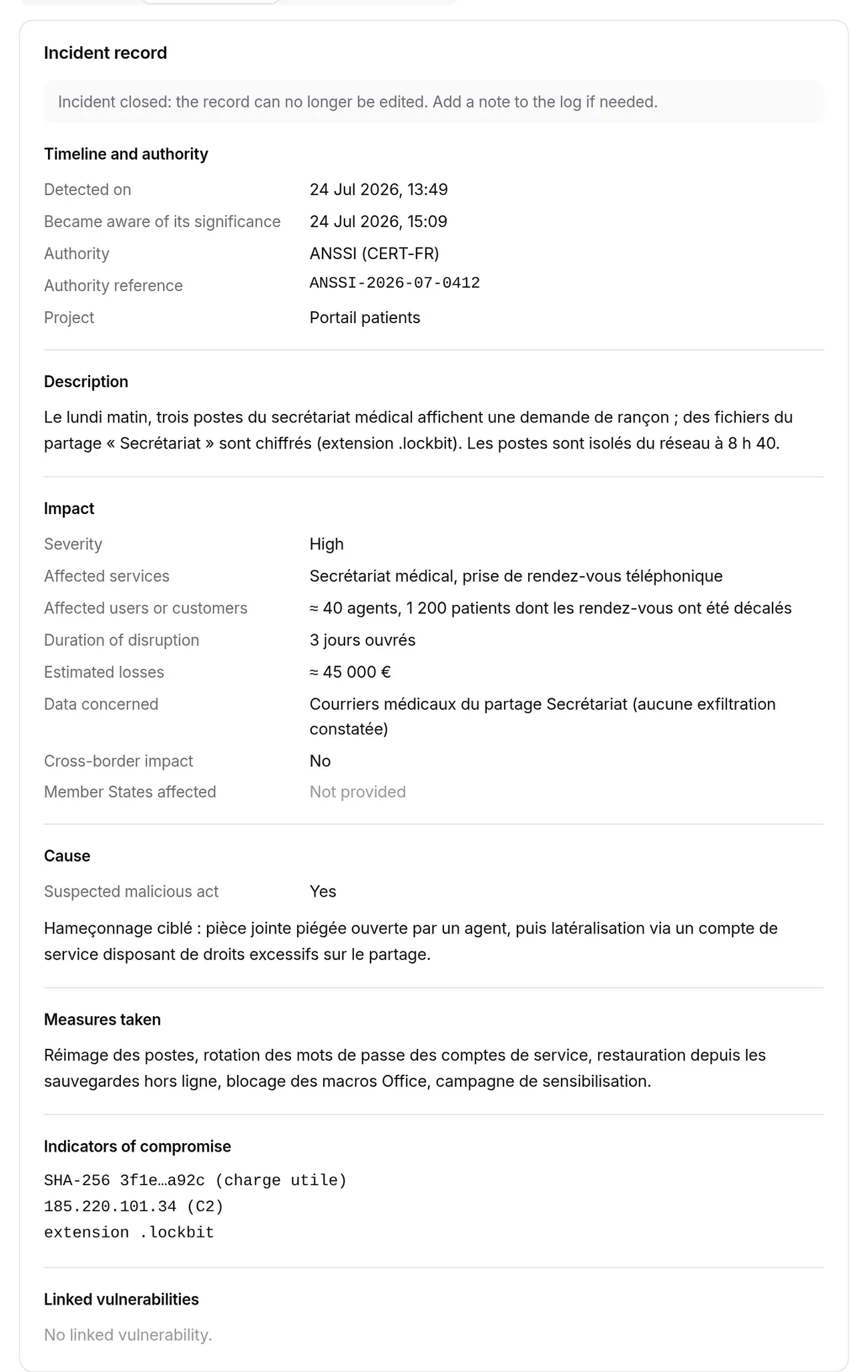 Record tab of a closed incident (INC-2026-001): timeline, impact, cause, measures, indicators