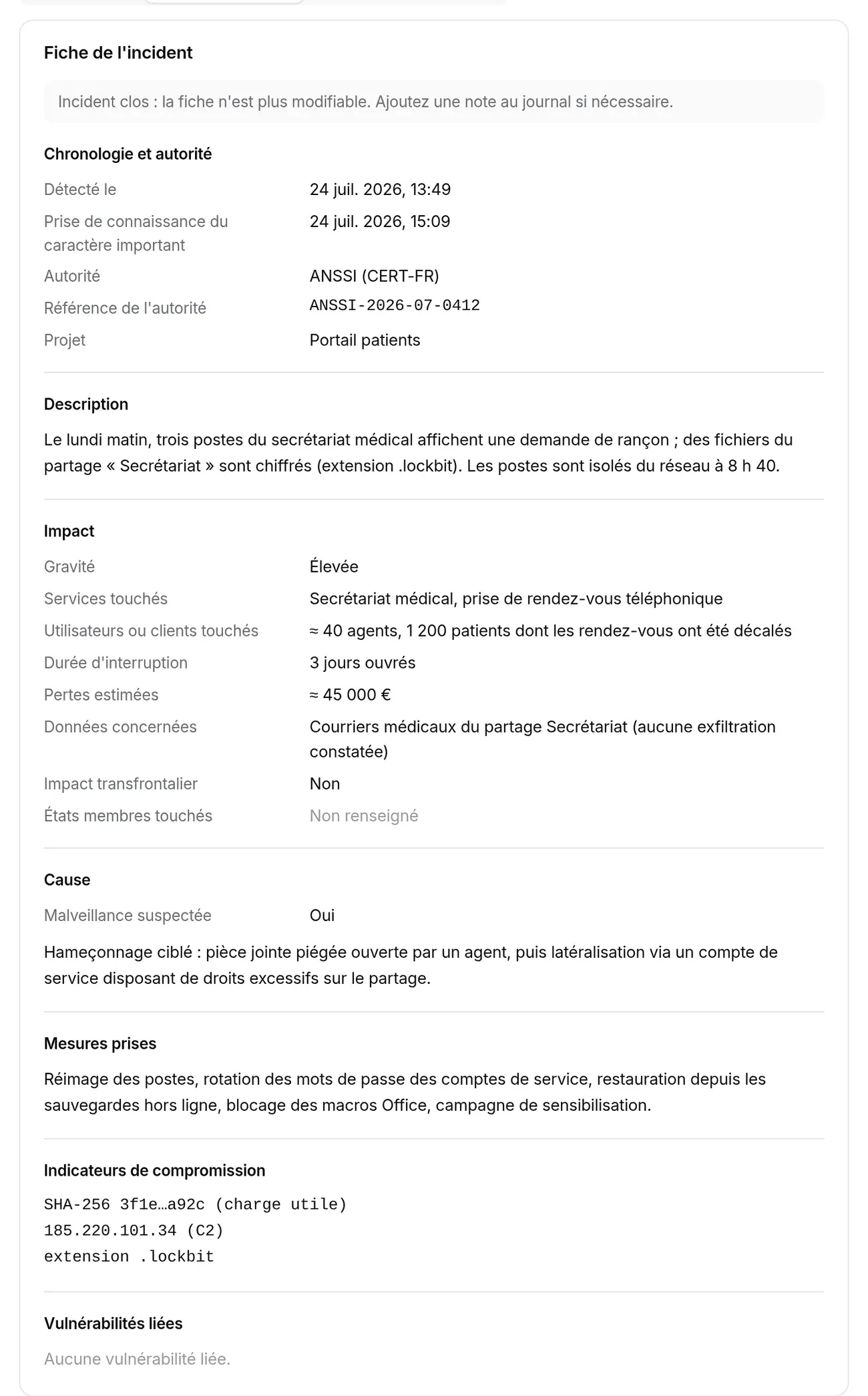 Onglet Fiche d’un incident clos (INC-2026-001) : chronologie, impact, cause, mesures, indicateurs