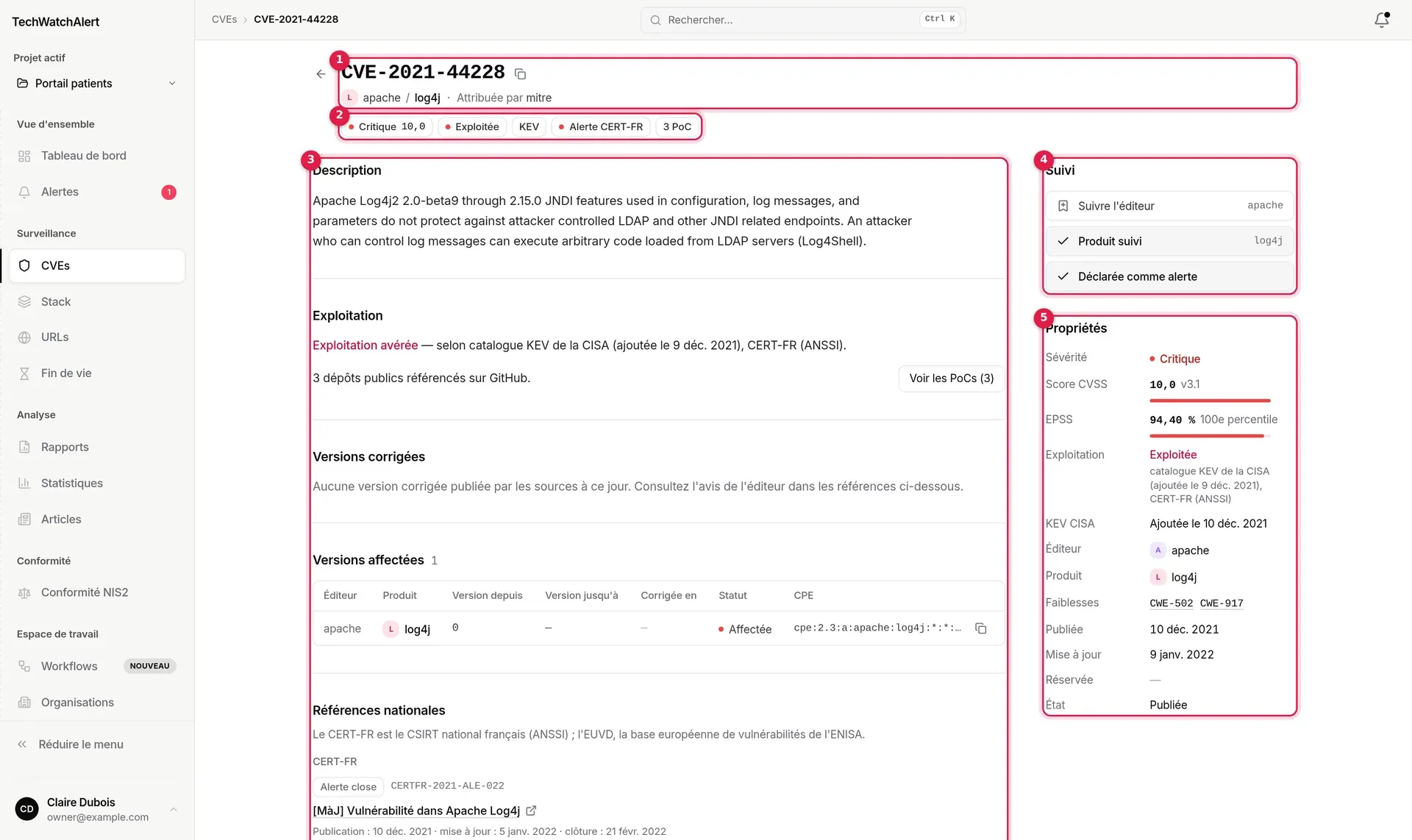 Fiche de CVE-2021-44228 dans la base CVE