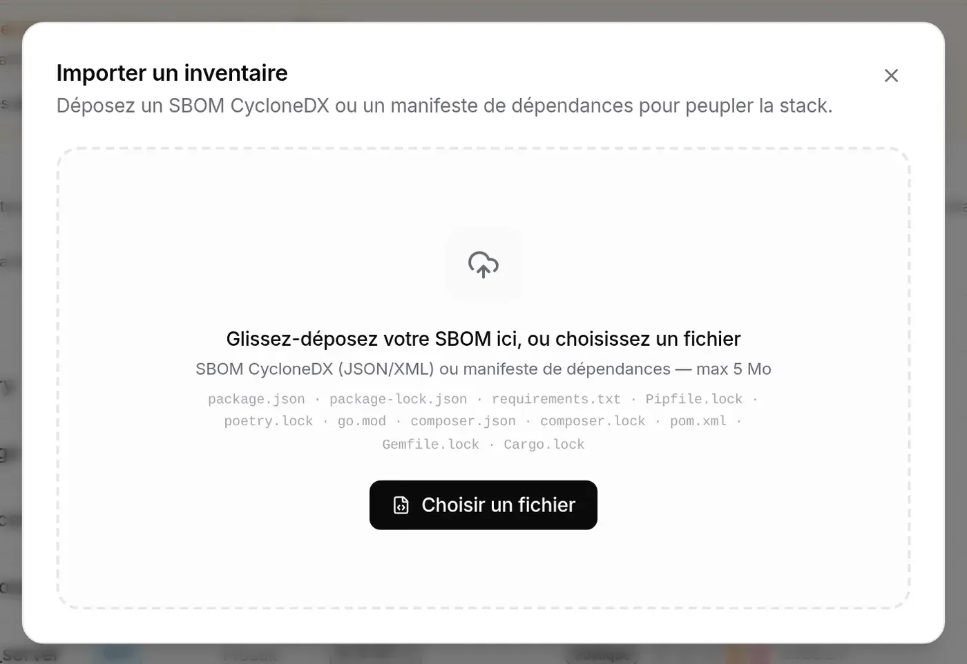 Fenêtre « Importer un inventaire » : dépôt du fichier