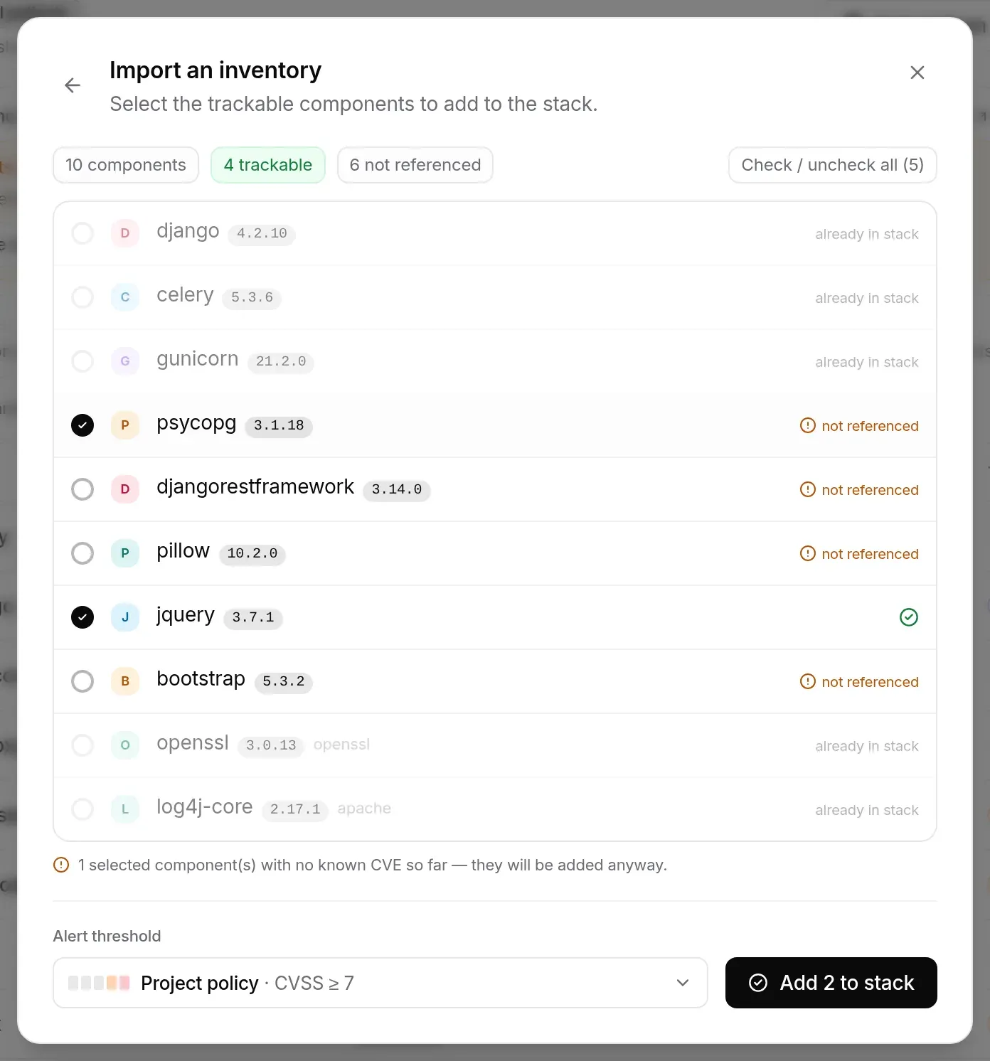 A not-referenced component ticked: warning under the list