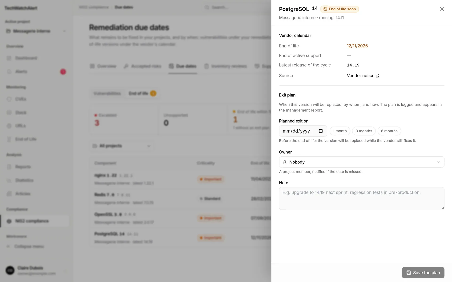 PostgreSQL 14 panel: vendor calendar and exit plan form