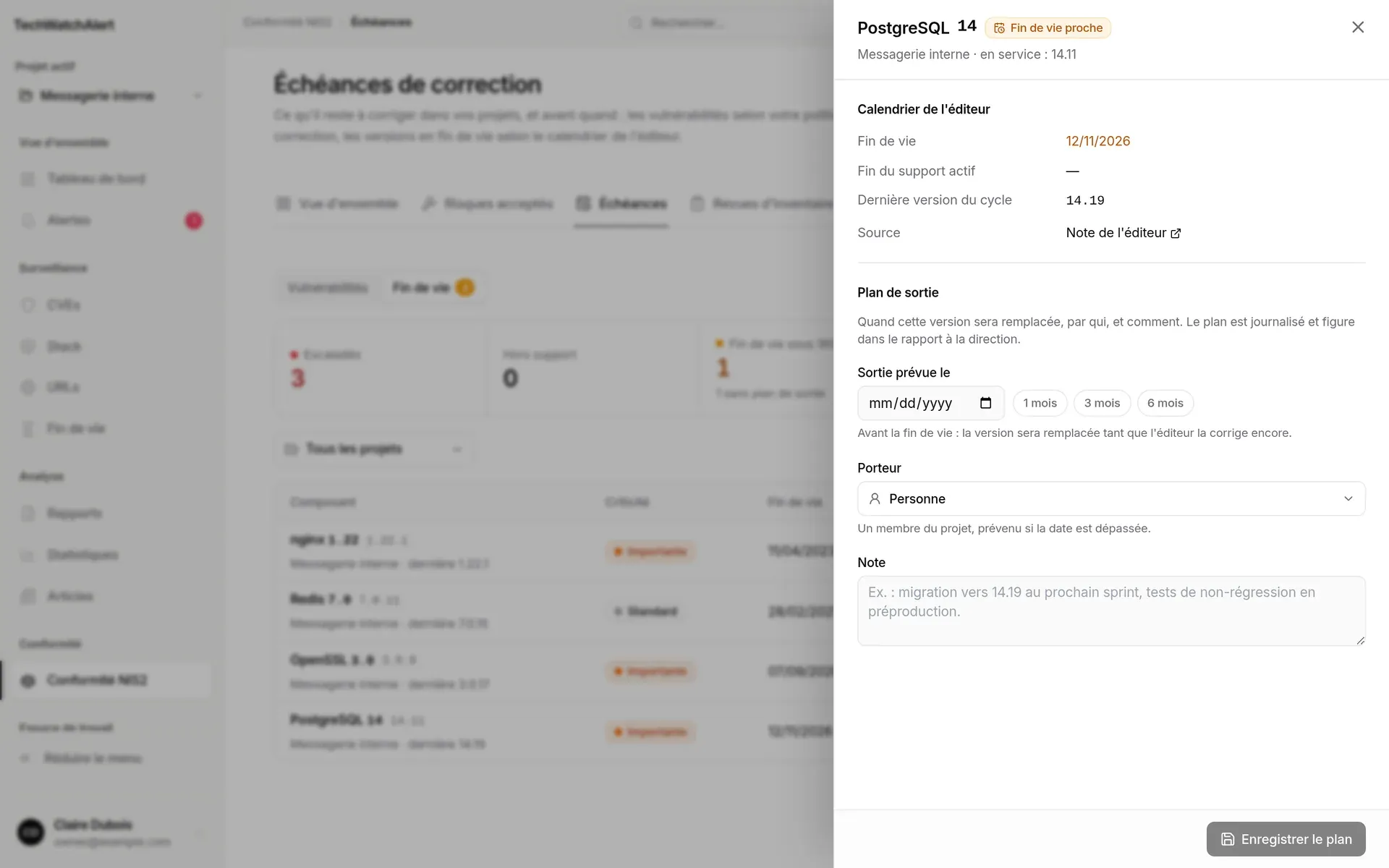 Panneau PostgreSQL 14 : calendrier de l’éditeur et formulaire du plan de sortie