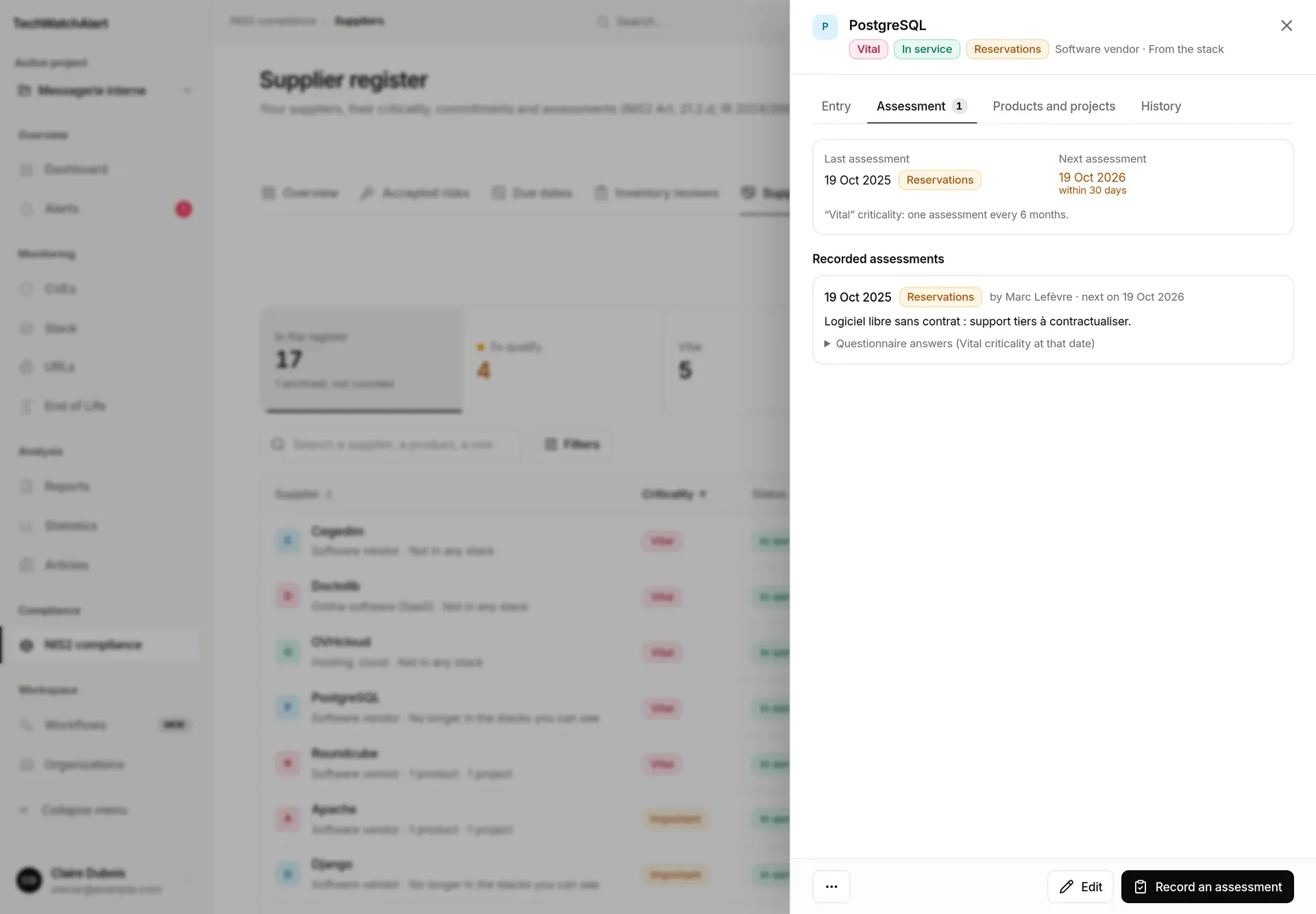 PostgreSQL entry, Assessment tab