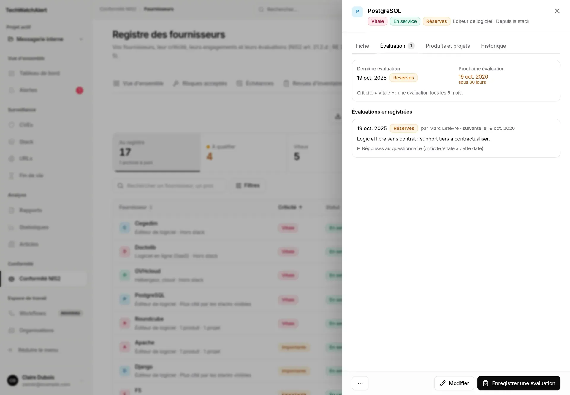 Fiche PostgreSQL, onglet Évaluation