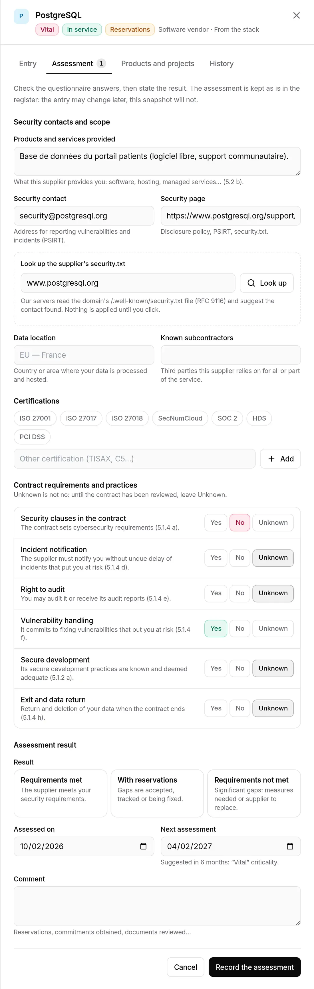 Assessment form for PostgreSQL: prefilled questionnaire, result to choose