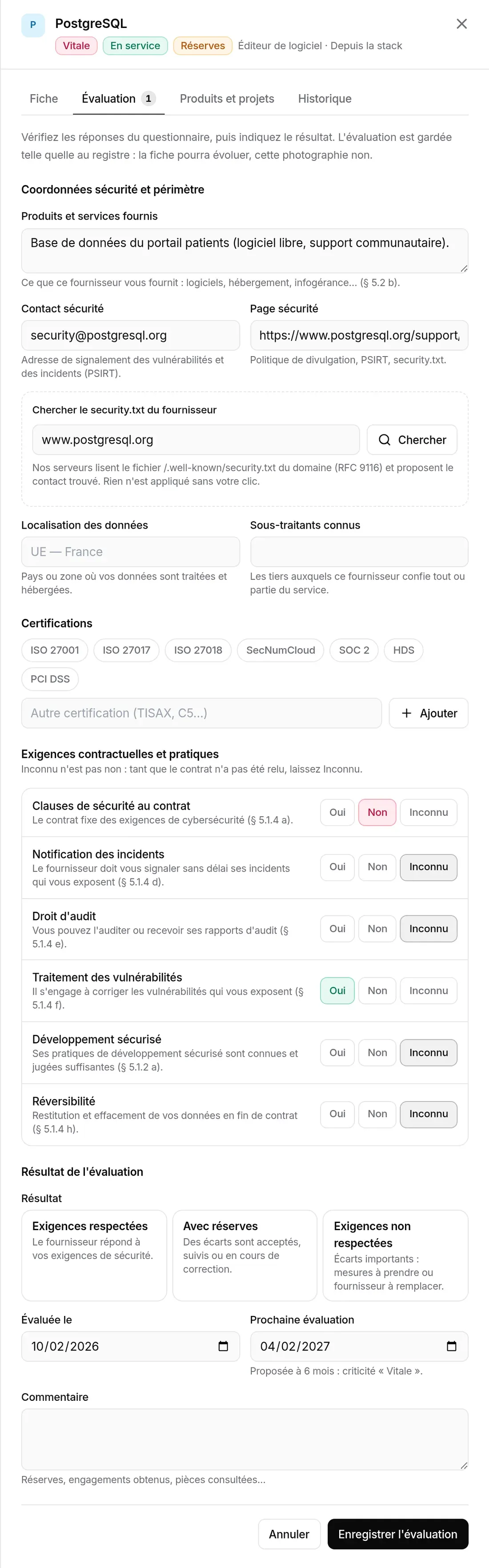Formulaire d’évaluation de PostgreSQL : questionnaire prérempli, résultat à choisir