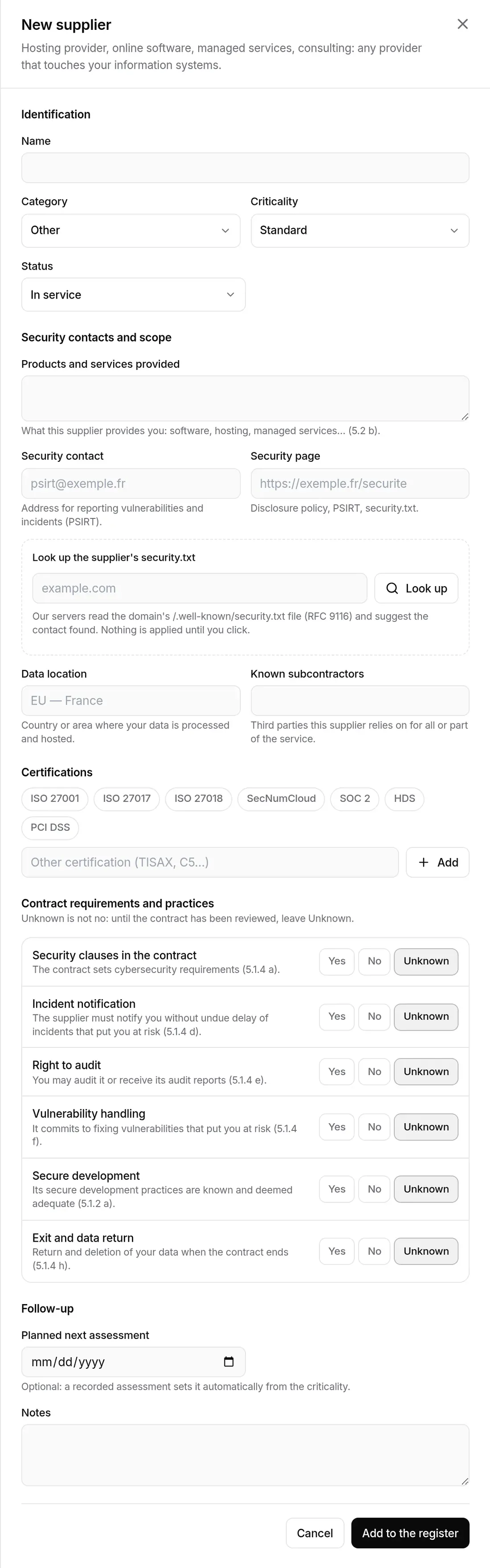 “New supplier” panel: identification, security contacts, certifications, requirements