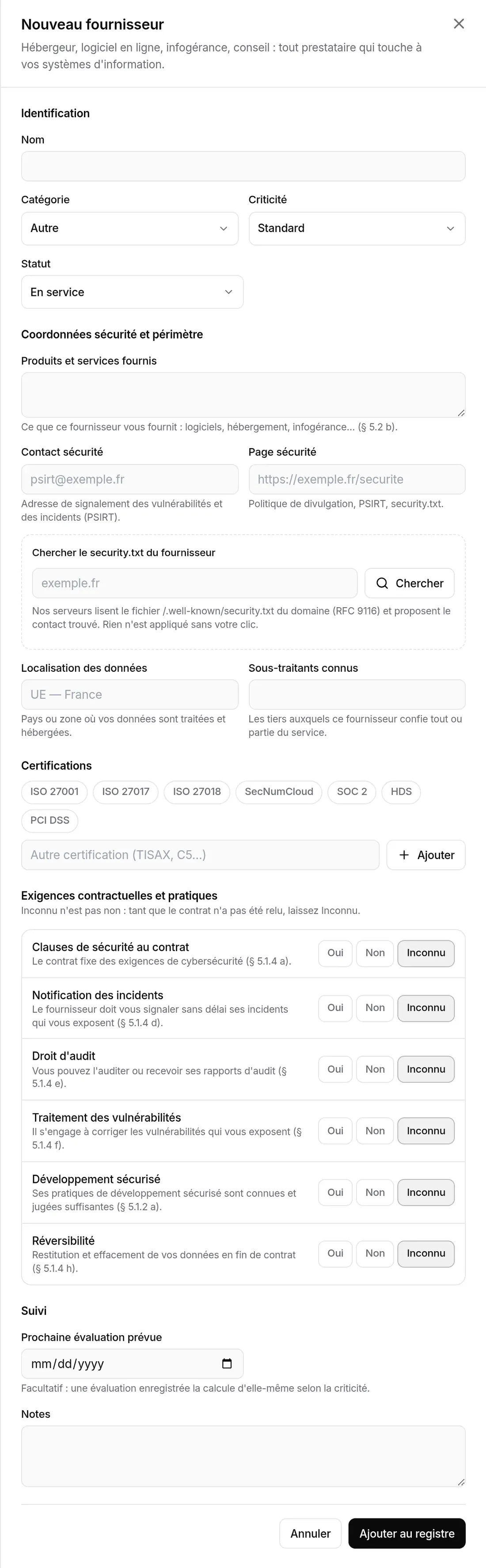 Panneau « Nouveau fournisseur » : identification, coordonnées sécurité, certifications, exigences