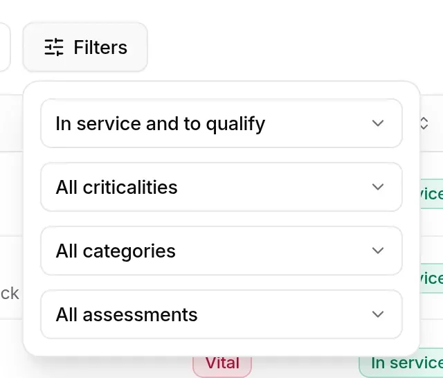 Filters open: status, criticality, category, assessment