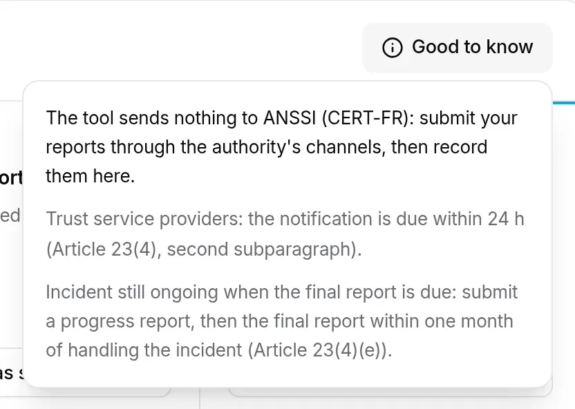 “Good to know” pop-up: the tool sends nothing, trust service providers, incident still ongoing