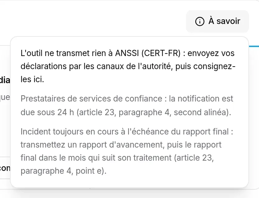 Bulle « À savoir » : l’outil ne transmet rien, cas des prestataires de services de confiance, incident toujours en cours