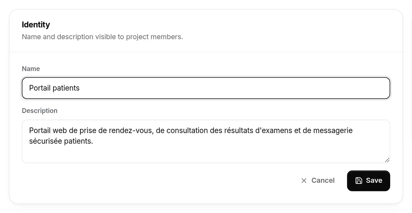 Identity card in edit mode: Name and Description fields, Cancel and Save buttons