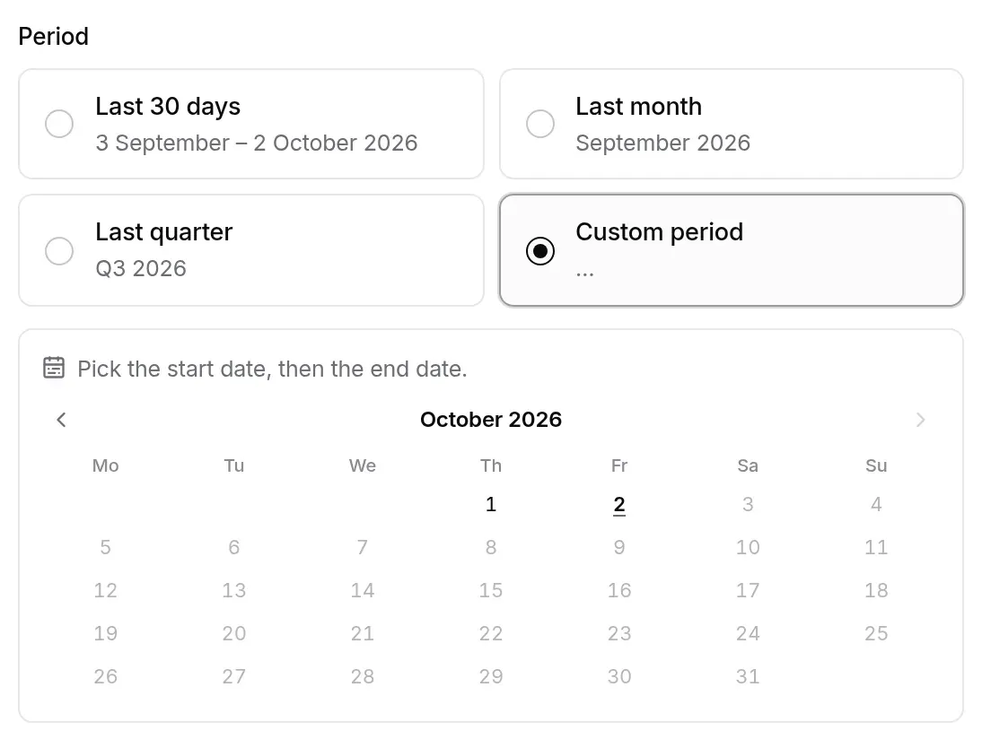 Custom period: date range calendar