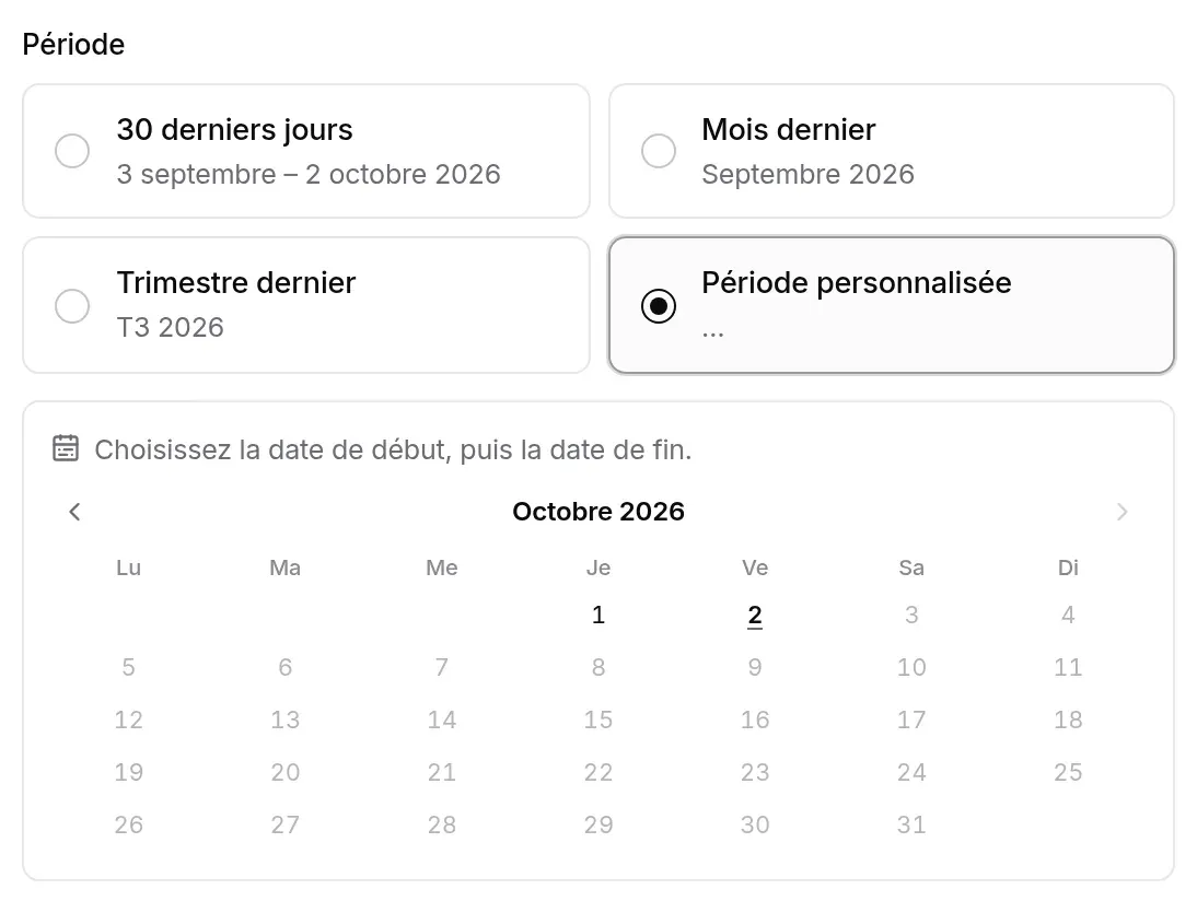 Période personnalisée : calendrier de sélection de la plage