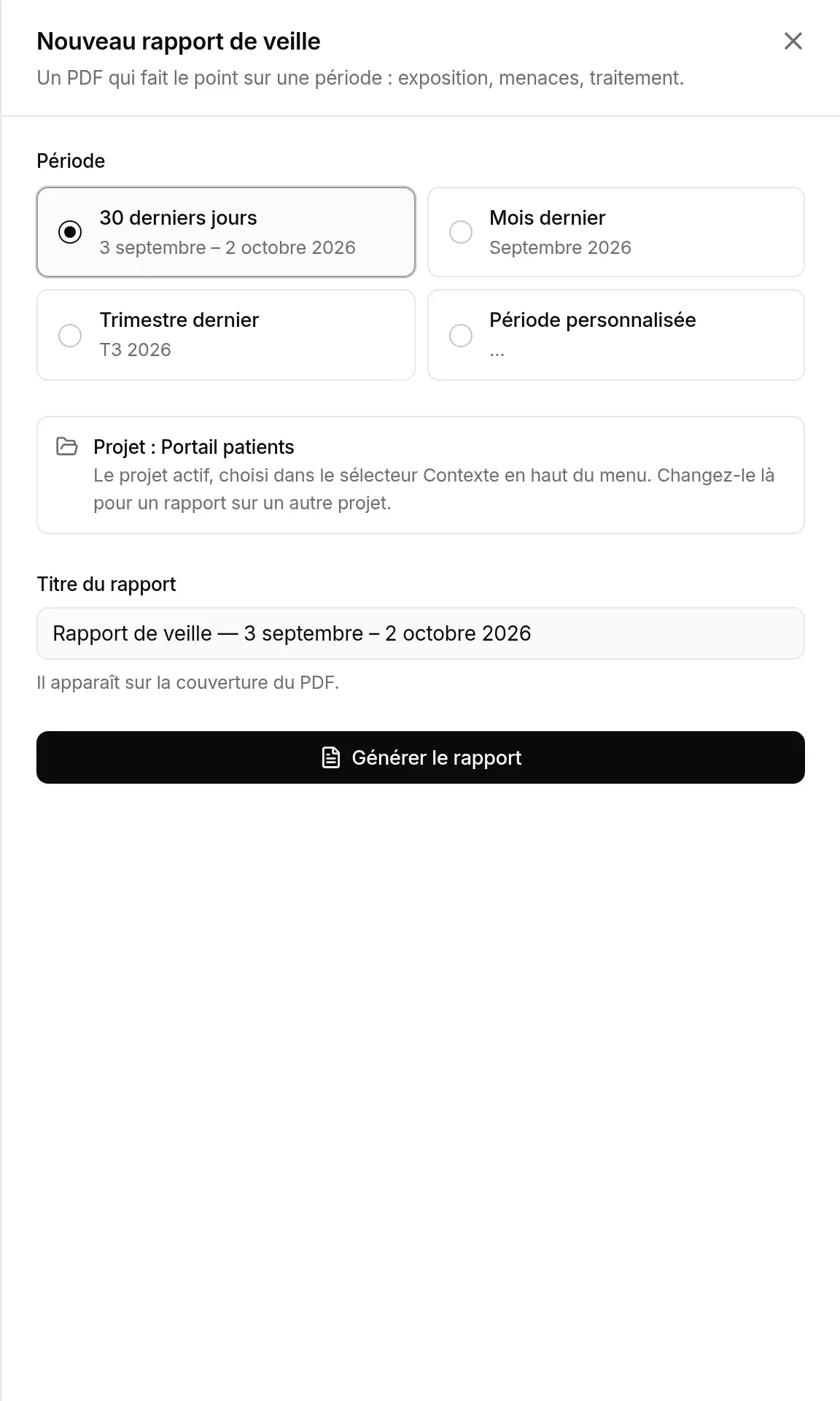 Formulaire : période, périmètre, titre du rapport