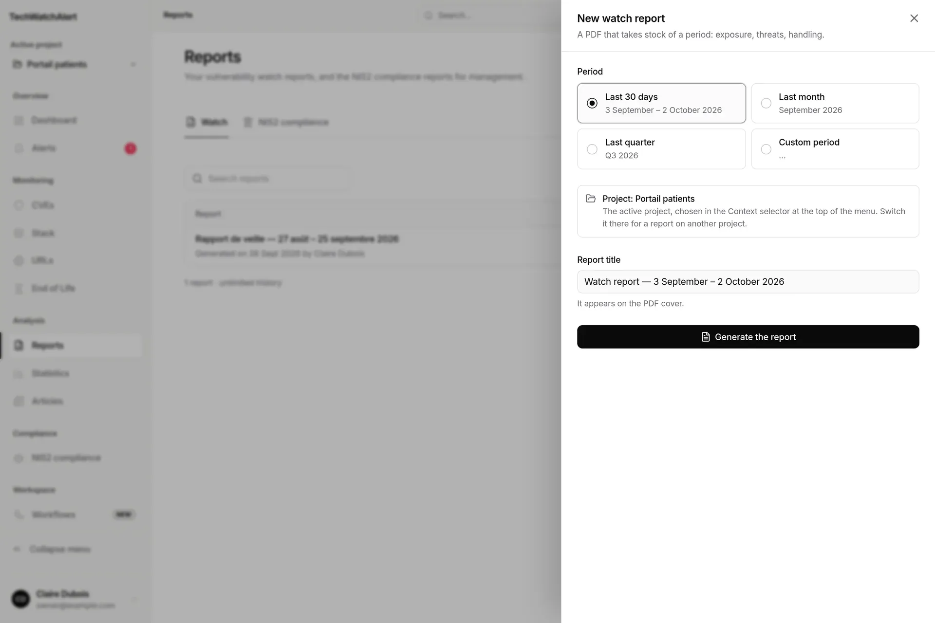 New watch report panel open on the Reports screen