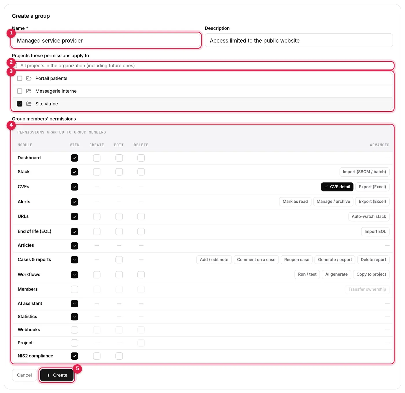 Create a group form: name, description, Site vitrine project ticked, rights matrix