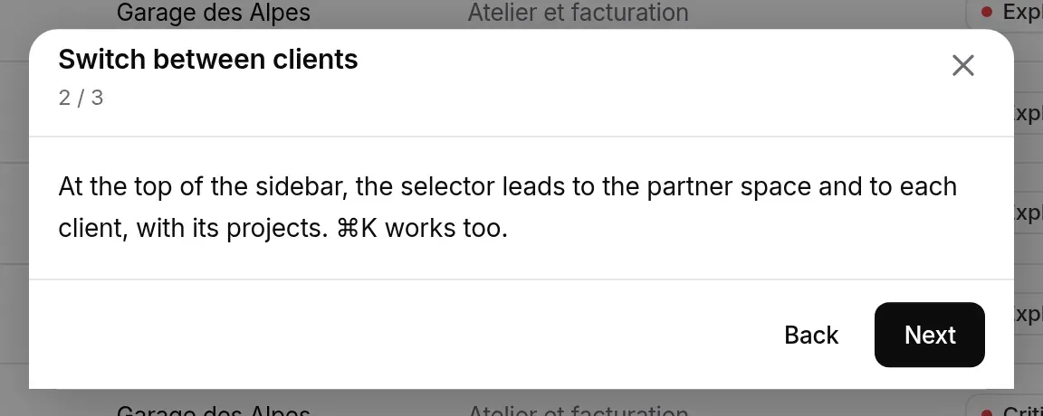 Guide step 2: switching between clients