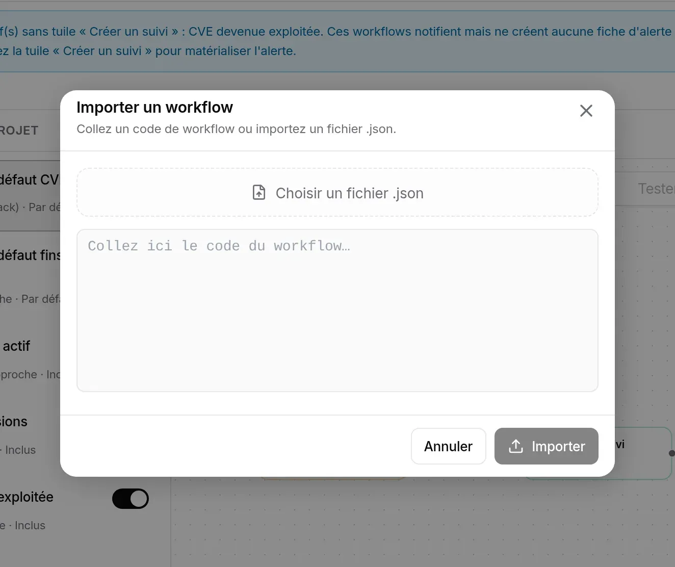 Fenêtre Importer un workflow