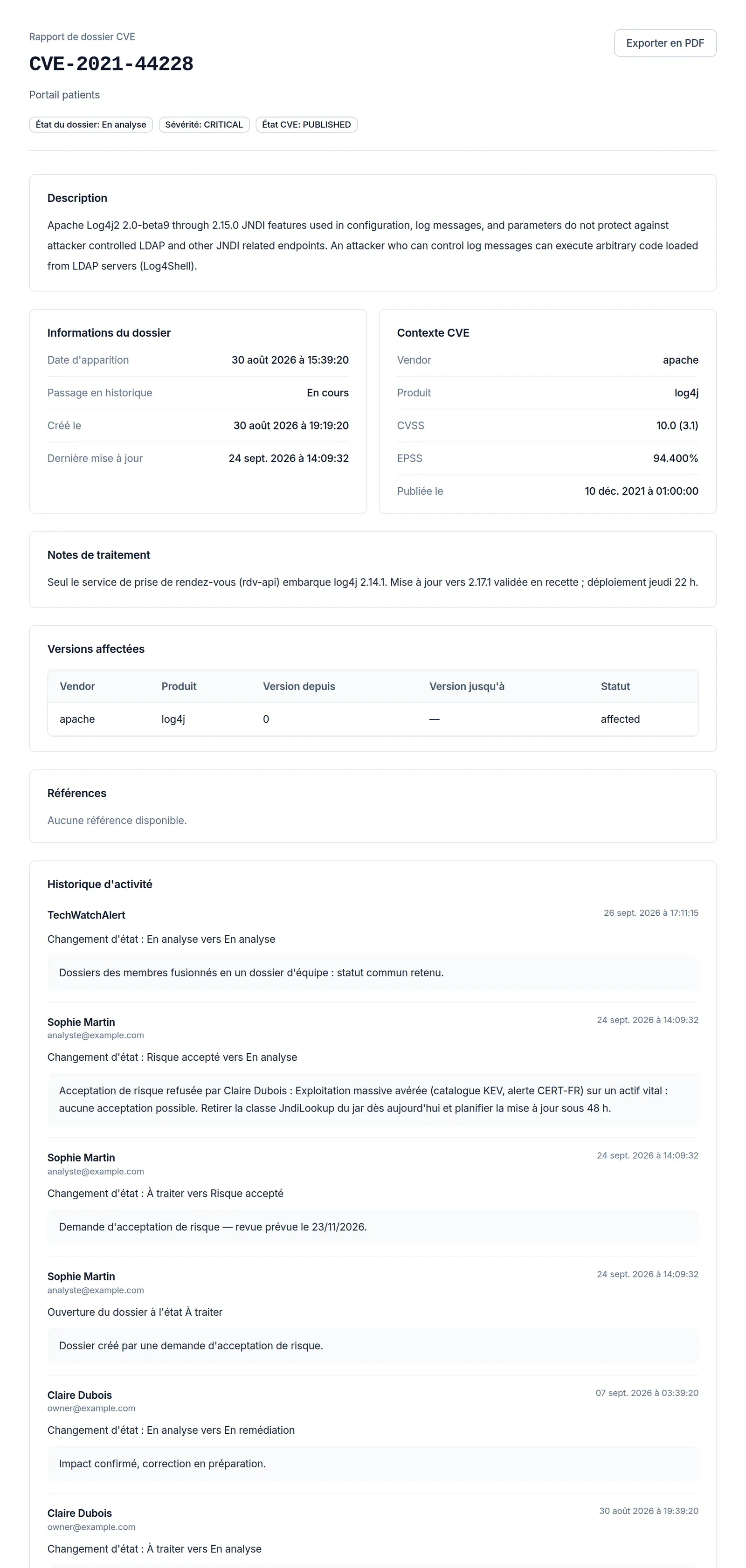 Version imprimable : Rapport de dossier CVE de CVE-2021-44228, informations du dossier, contexte CVE, notes, versions affectées, historique d’activité