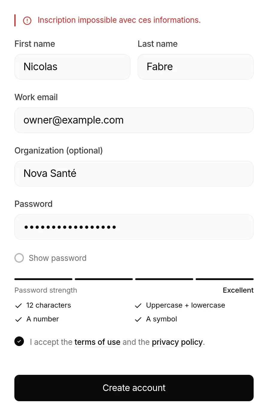 Address already in use: “Inscription impossible avec ces informations.”