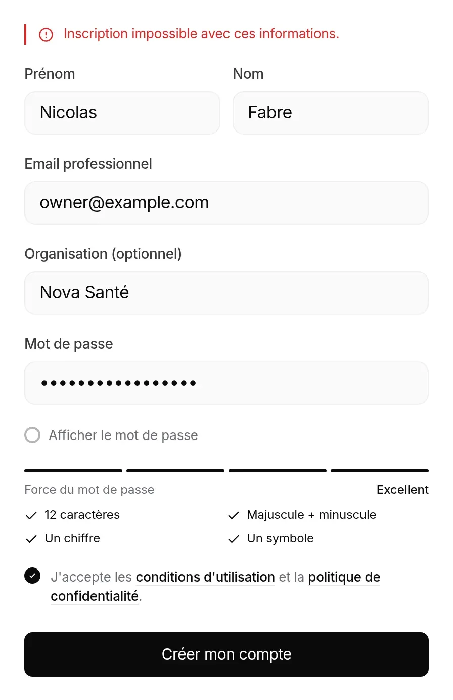 Adresse déjà utilisée : « Inscription impossible avec ces informations. »