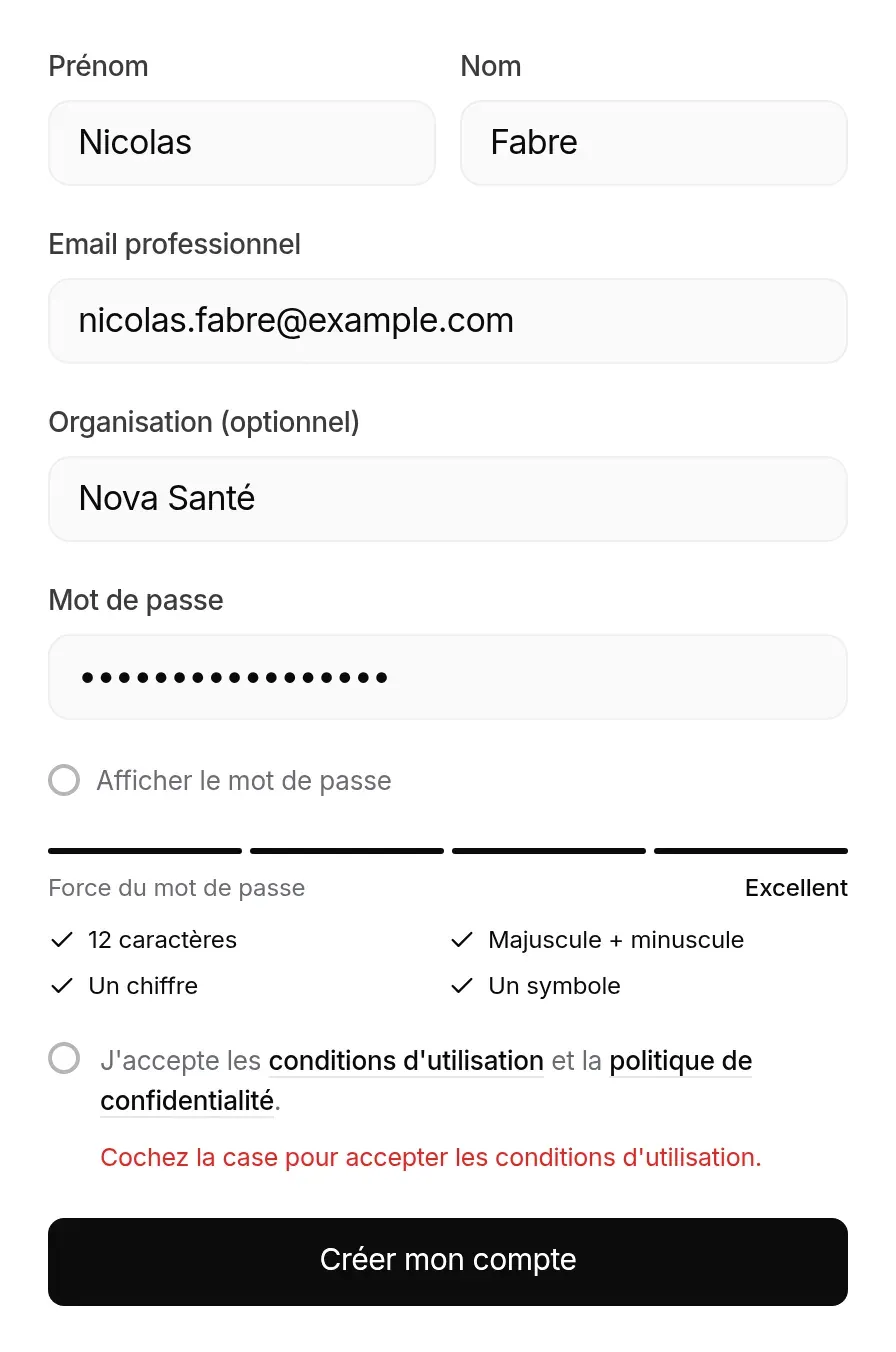 Mot de passe « Excellent », mais conditions non acceptées