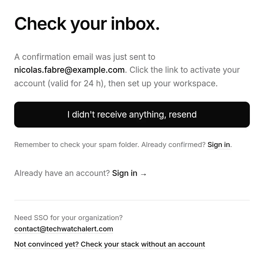 The “Check your inbox.” screen after sign-up