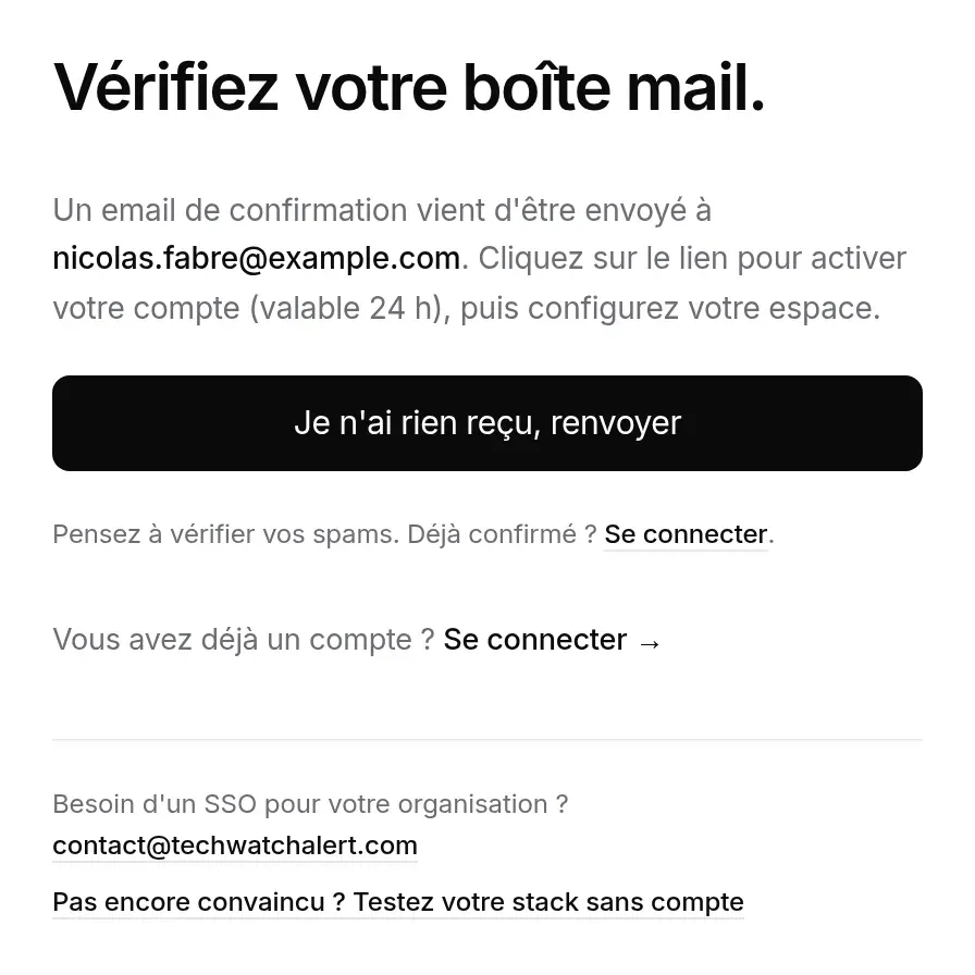Écran « Vérifiez votre boîte mail. » après l’inscription