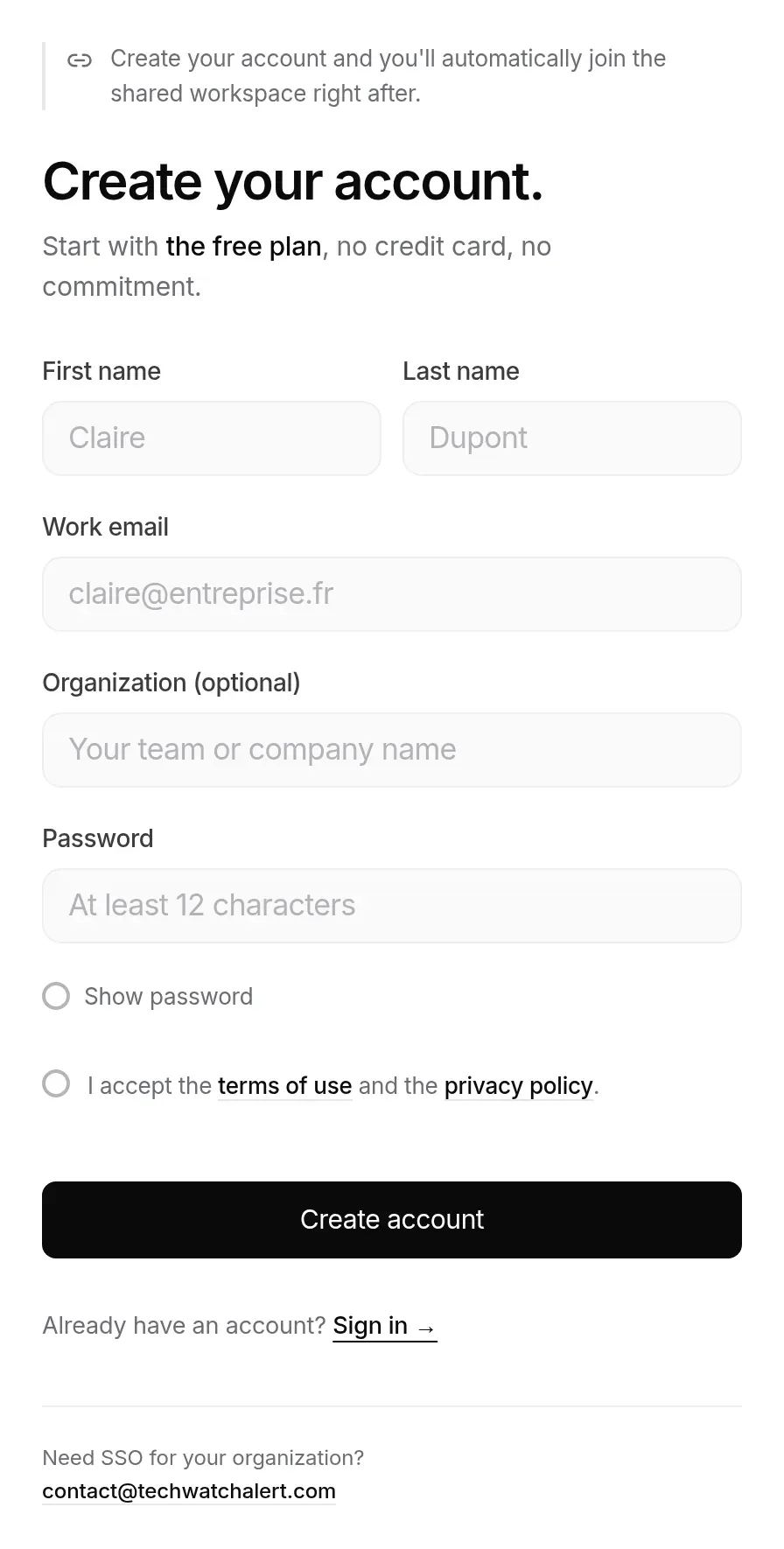 Signing up from an invitation: the information banner