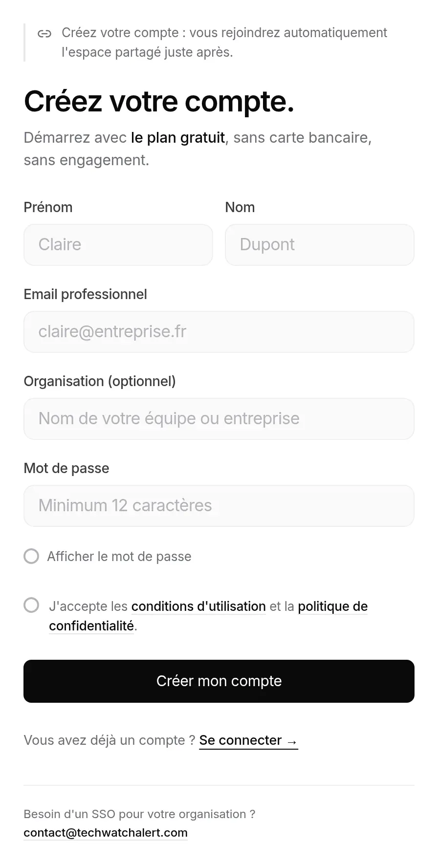 Inscription depuis une invitation : le bandeau d’information