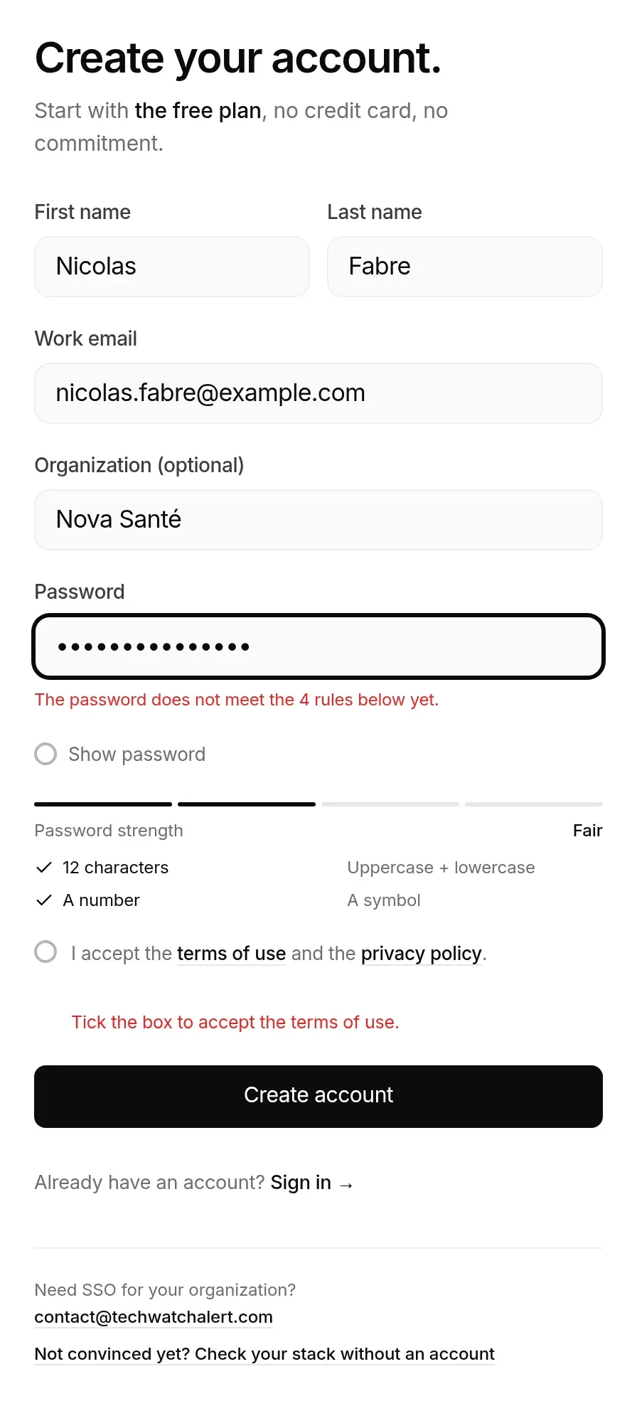 Incomplete password and unticked terms: both messages below the fields