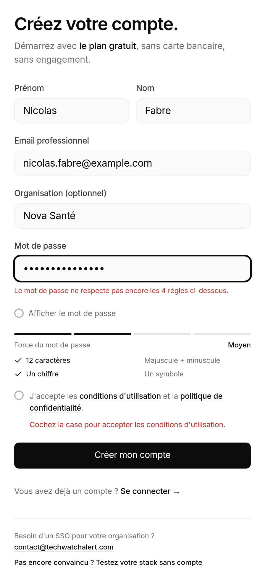 Mot de passe incomplet et conditions non cochées : les deux messages sous les champs