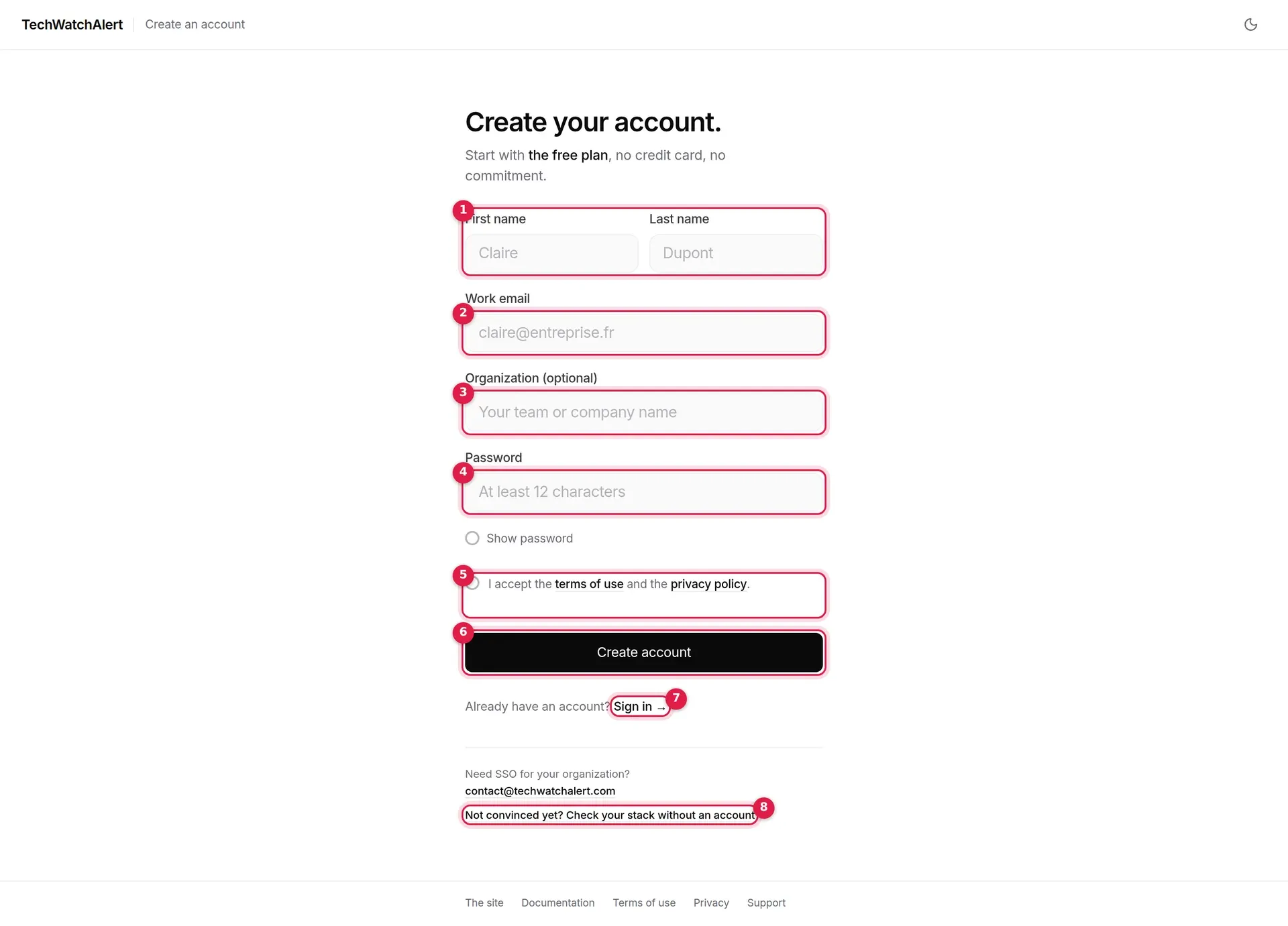 The sign-up form