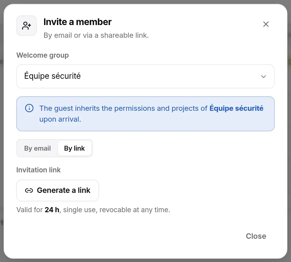 By link mode: Generate a link button, valid for 24 h, single use