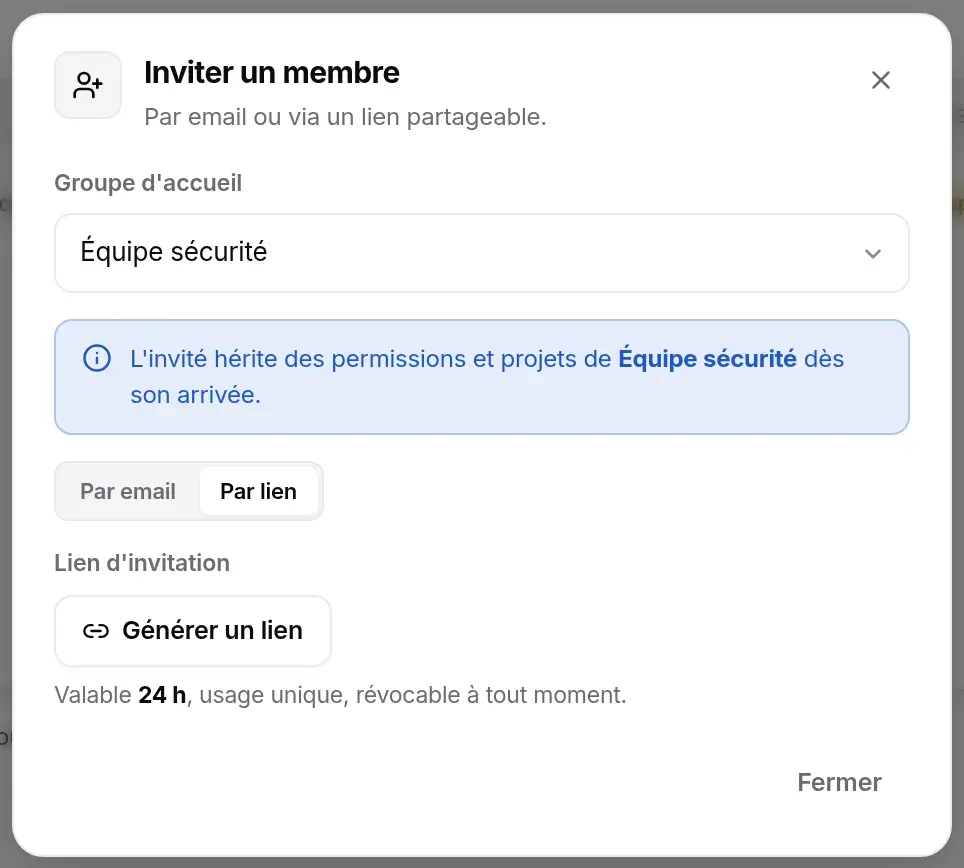 Mode Par lien : bouton Générer un lien, valable 24 h, usage unique