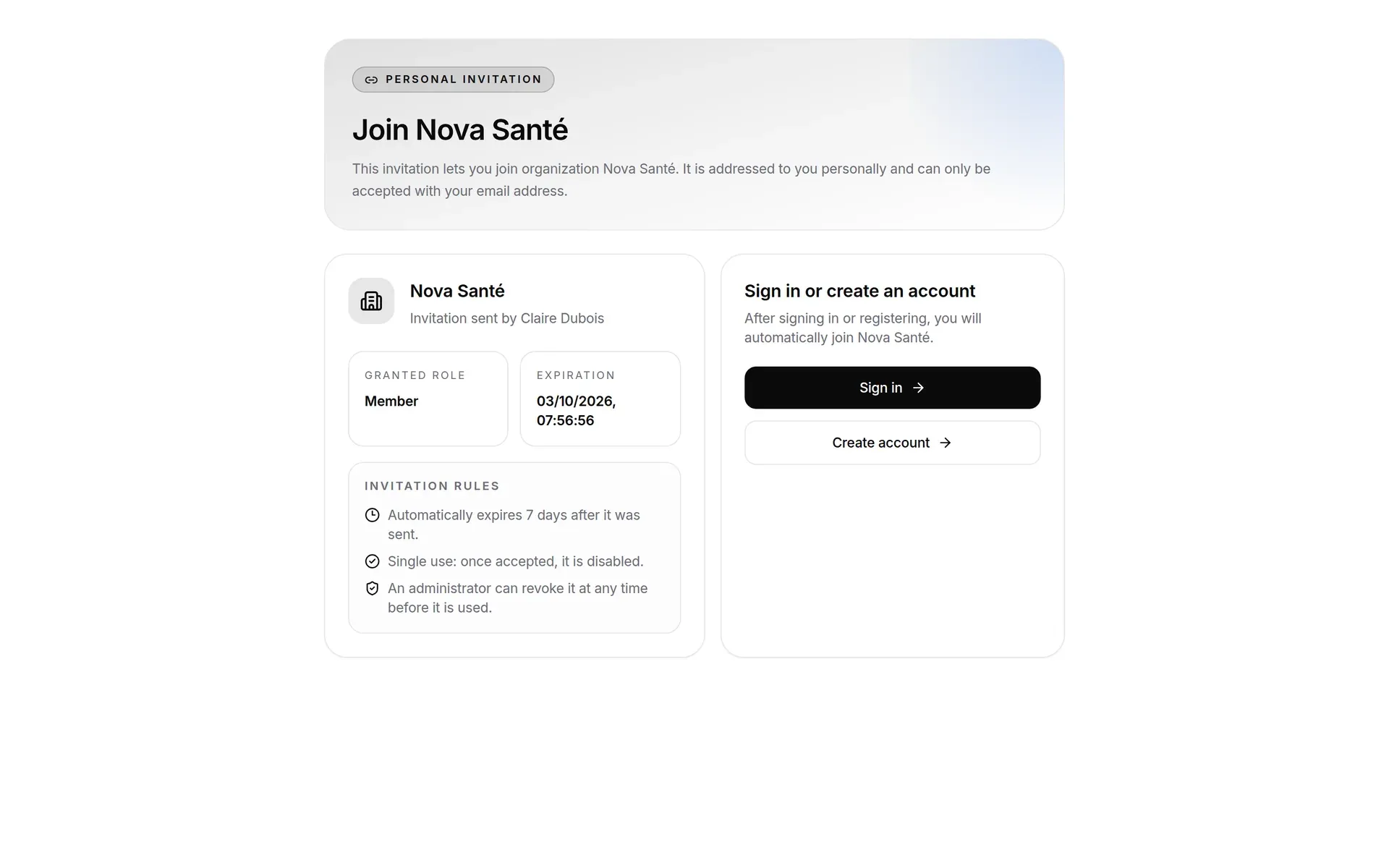 Invitation to join the Nova Santé organisation, seen by a visitor who is not signed in