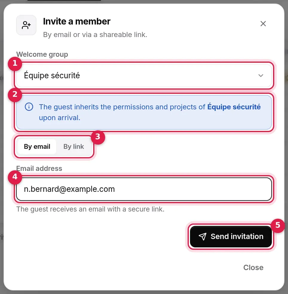 Invite a member window: Équipe sécurité welcome group, By email tab, address entered