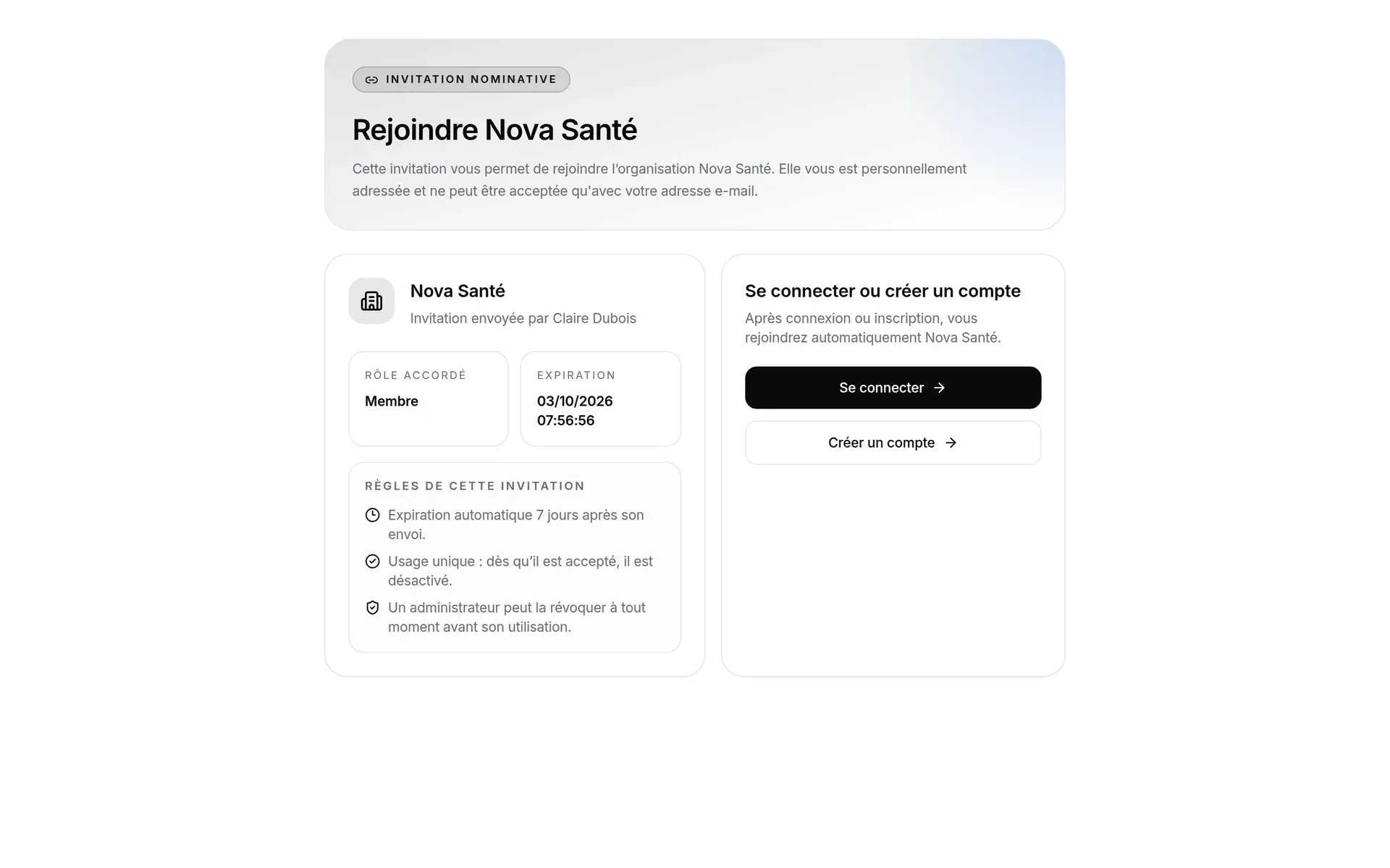 Invitation à rejoindre l’organisation Nova Santé, vue par un visiteur non connecté