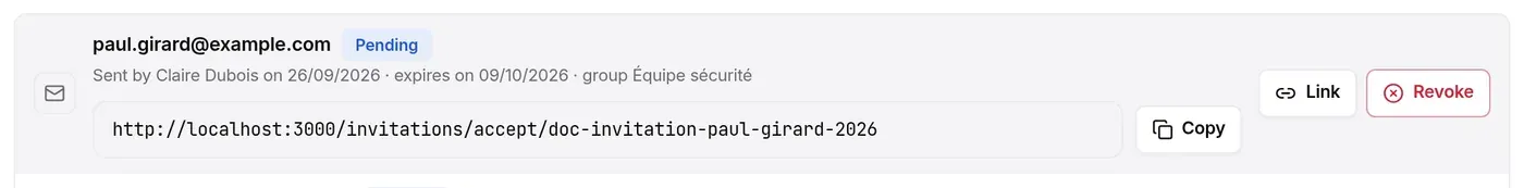 Expanded invitation row: invitation link and Copy button