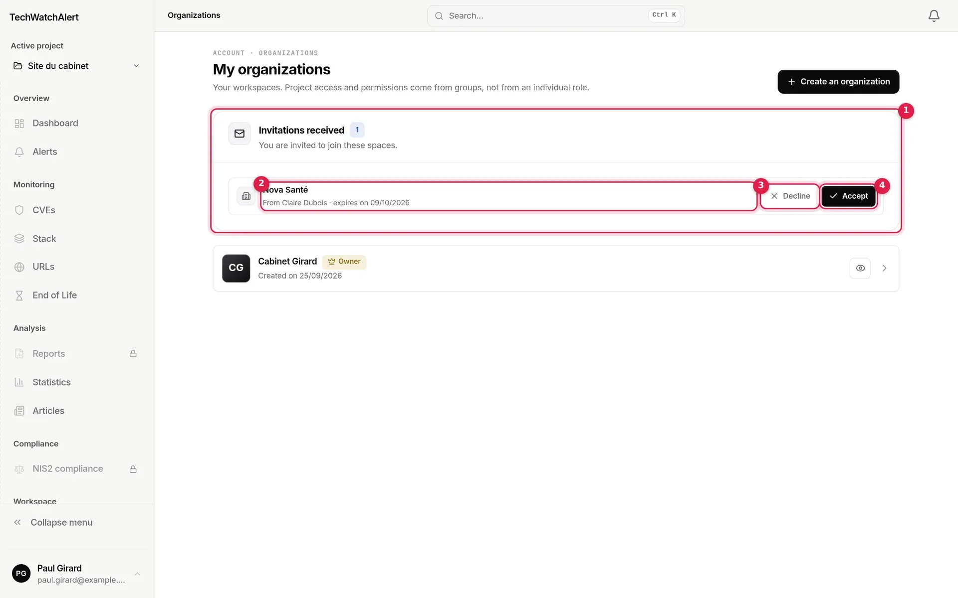 Paul Girard’s Organizations page: Invitations received box, invitation from Claire Dubois to join Nova Santé