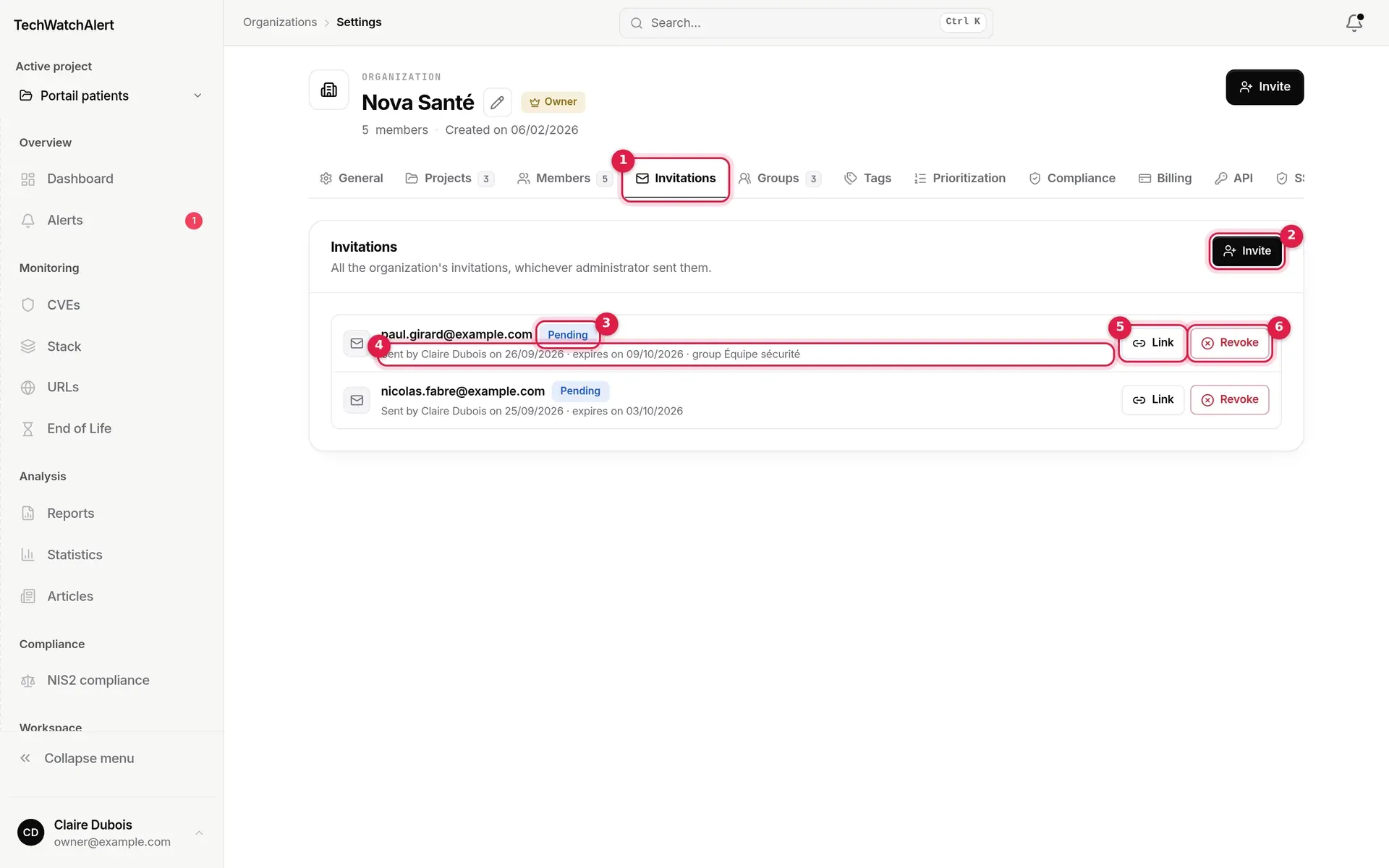 Nova Santé Invitations tab: two pending invitations, with their Link and Revoke buttons