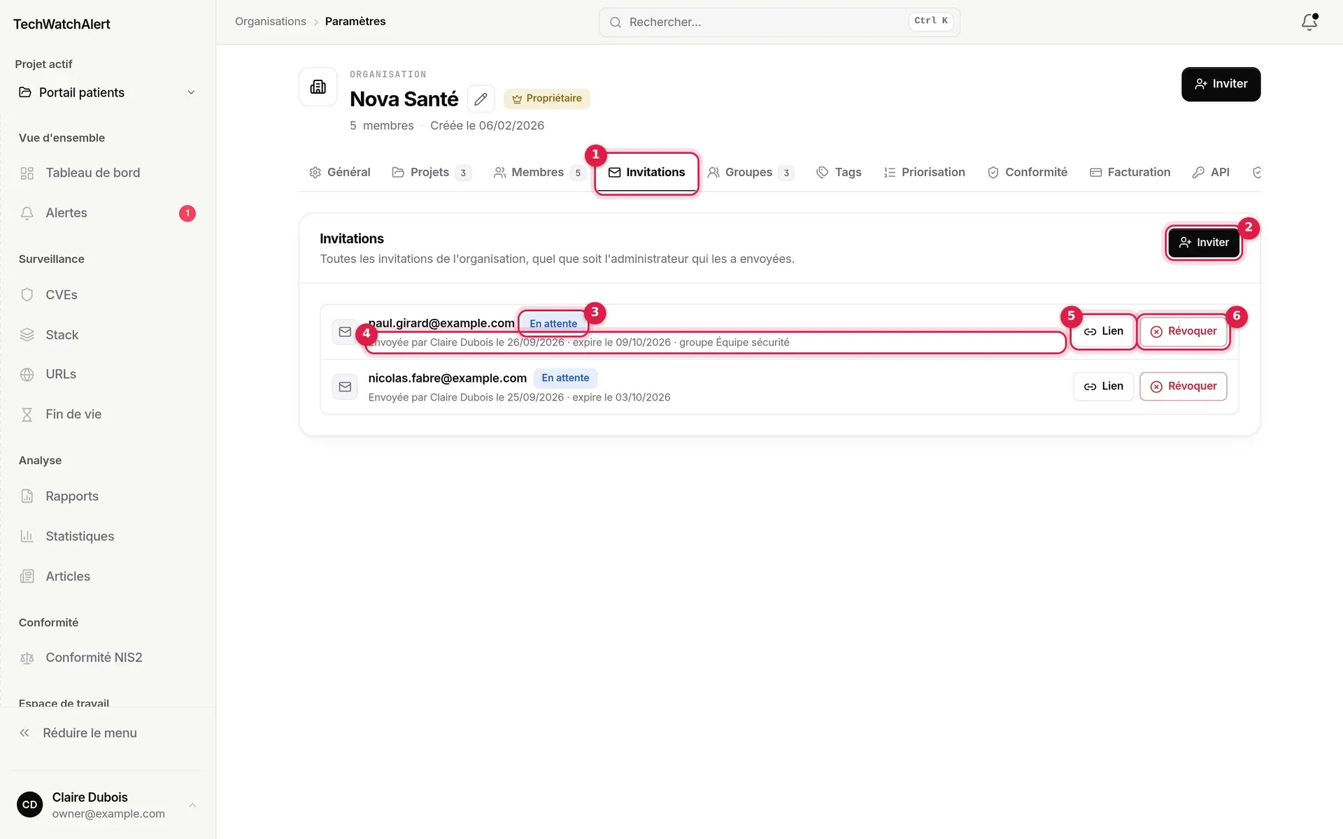 Onglet Invitations de Nova Santé : deux invitations en attente, avec leurs boutons Lien et Révoquer
