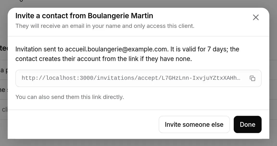 Invitation confirmation, with the link to copy