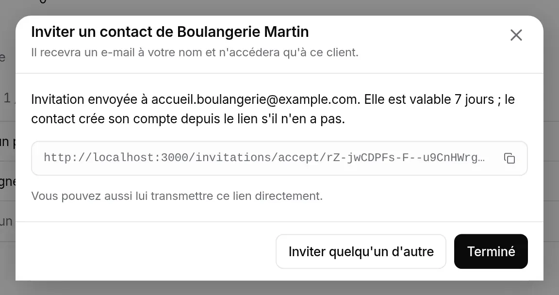 Confirmation de l’invitation, avec le lien à copier